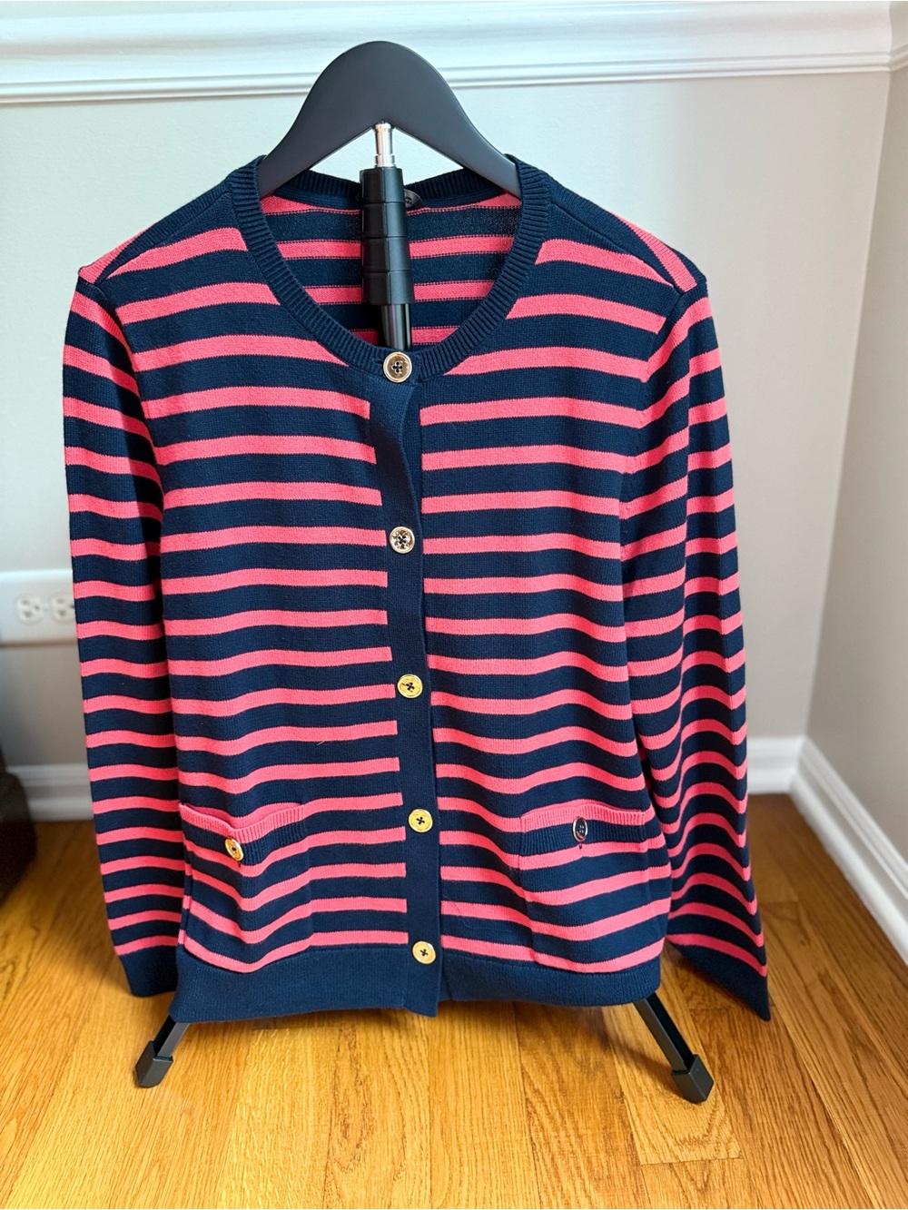J. Jill Wearever Collection Petite Navy Pink Striped Button Cardigan